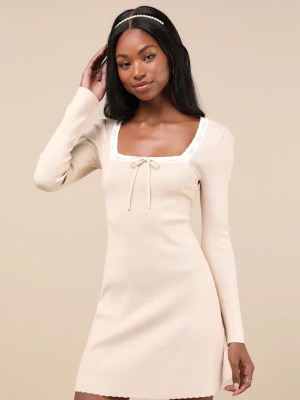 Lulu's Beige Scalloped Square Neck Sweater Mini Dress